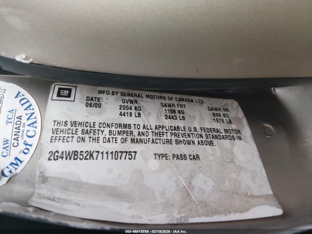 44415756 :رقم المزاد ، 2G4WB52K711107757 vin ، 2001 Buick Regal Ls مزاد بيع