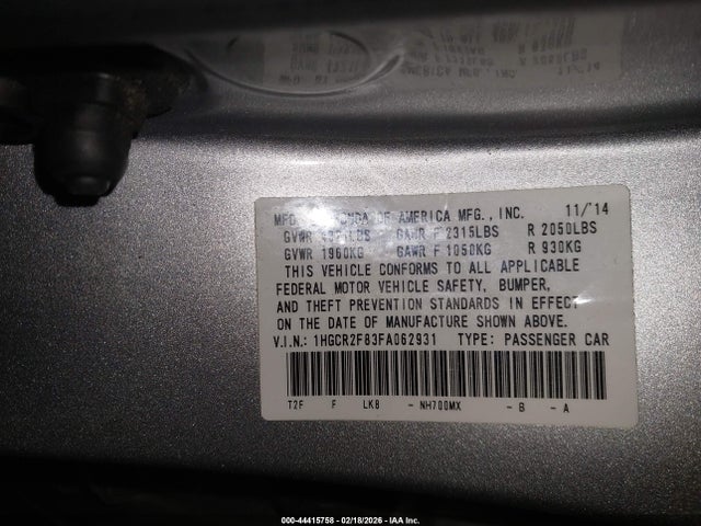 2015 Honda Accord Ex-l მანქანა იყიდება აუქციონზე, vin: 1HGCR2F83FA062931, აუქციონის ნომერი: 44415758