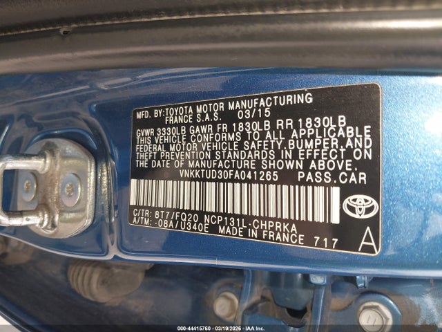 44415760 :رقم المزاد ، VNKKTUD30FA041265 vin ، 2015 Toyota Yaris L مزاد بيع