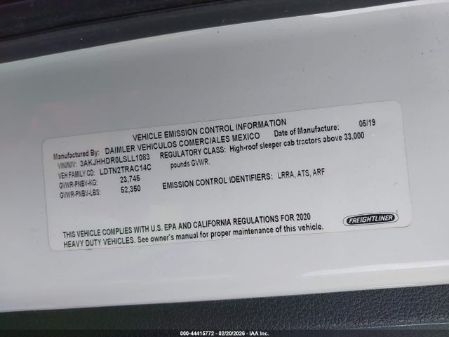 Aukcja sprzedaży 2020 Freightliner New Cascadia 126, vin: 3AKJHHDR0LSLL1083, numer aukcji: 44415772