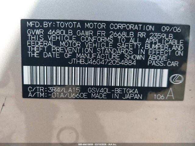 Продажа на аукционе авто 2007 Lexus Es 350, vin: JTHBJ46G472054884, номер лота: 44415859