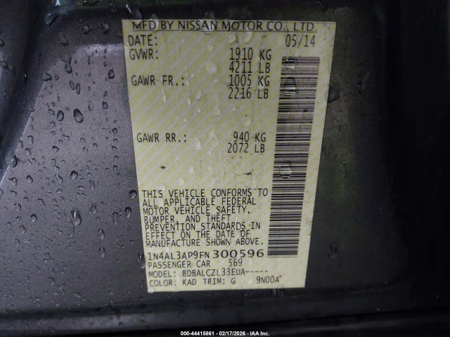 1N4AL3AP9FN300596 Nissan Altima 2.5/2.5 S/2.5 Sl/2.5 Sv