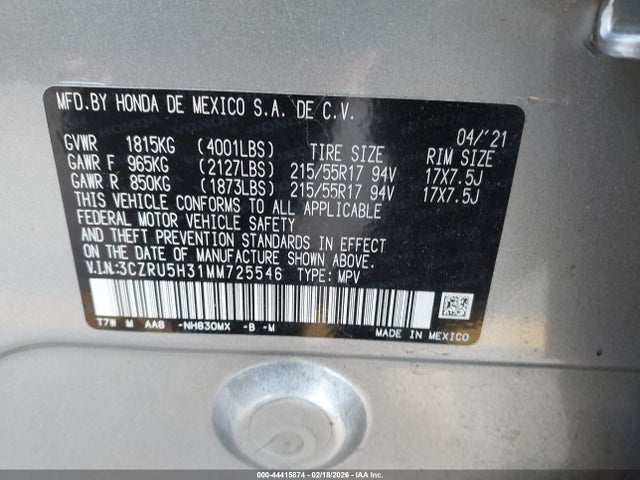 3CZRU5H31MM725546 Honda Hr-v 2wd Lx