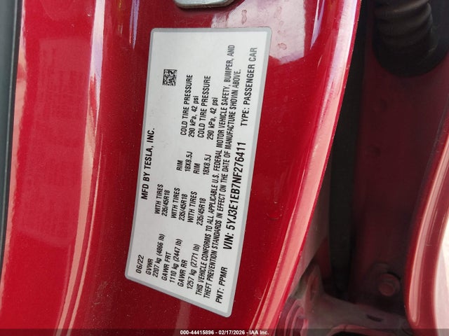 5YJ3E1EB7NF276411 Tesla Model 3 Long Range Dual Motor All-wheel Drive