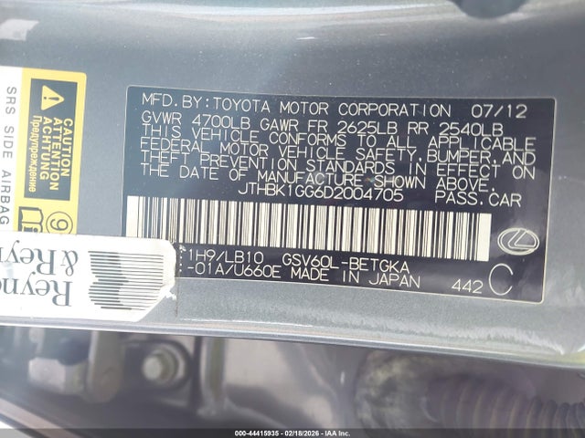 44415935 :رقم المزاد ، JTHBK1GG6D2004705 vin ، 2013 Lexus Es 350 مزاد بيع