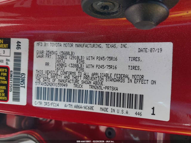5TFAX5GN2KX159949 Toyota Tacoma Sr5