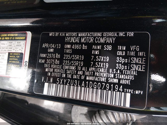 Aukcja sprzedaży 2013 Hyundai Santa Fe Sport 2.0t, vin: 5XYZU3LA1DG079194, numer aukcji: 44416022
