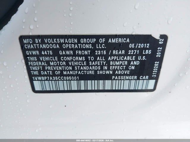 Продажа на аукционе авто 2012 Volkswagen Passat 2.5l Se, vin: 1VWBP7A35CC095001, номер лота: 44416052