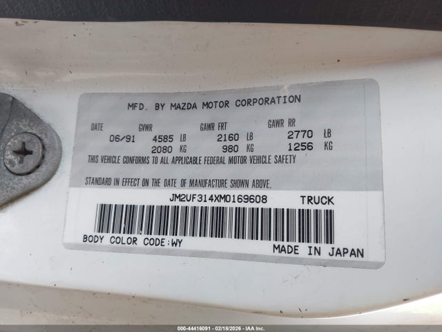 Aukcja sprzedaży 1991 Mazda B2600 Cab Plus, vin: JM2UF314XM0169608, numer aukcji: 44416091