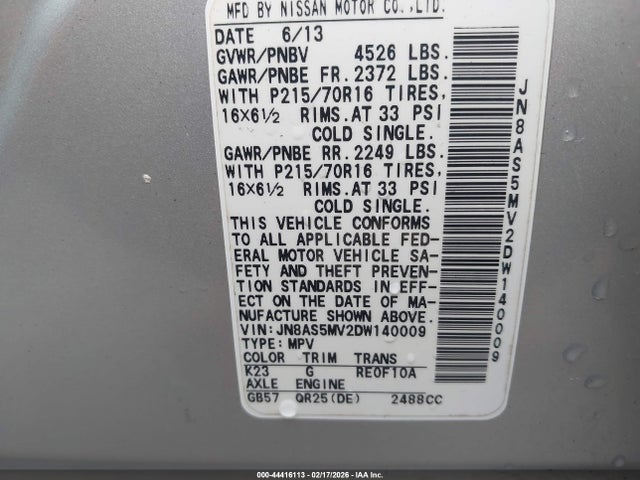 44416113 :رقم المزاد ، JN8AS5MV2DW140009 vin ، 2013 Nissan Rogue S مزاد بيع