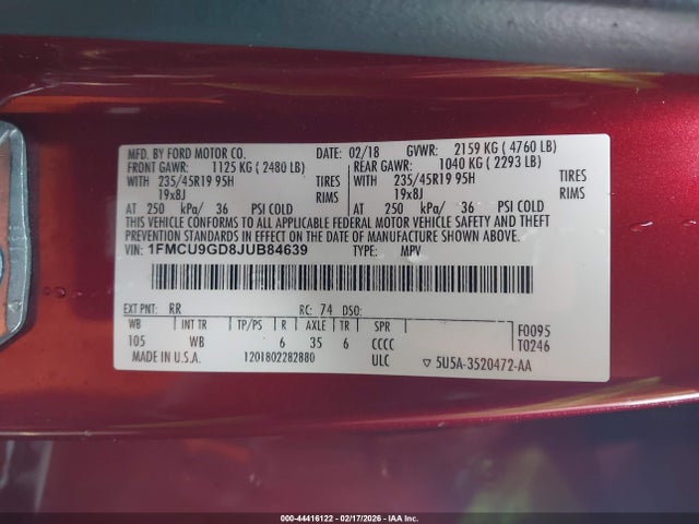 1FMCU9GD8JUB84639 Ford ESCAPE SE