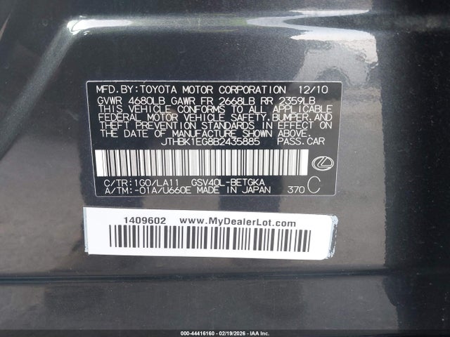 2011 Lexus Es 350 მანქანა იყიდება აუქციონზე, vin: JTHBK1EG8B2435885, აუქციონის ნომერი: 44416160