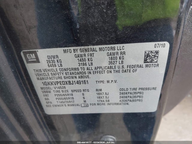 44416177 :رقم المزاد ، 1GKKVPEDXBJ149161 vin ، 2011 Gmc Acadia Sle مزاد بيع