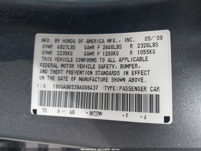 44416210 :رقم المزاد ، 19UUA96539A006437 vin ، 2009 Acura Tl 3.7 مزاد بيع