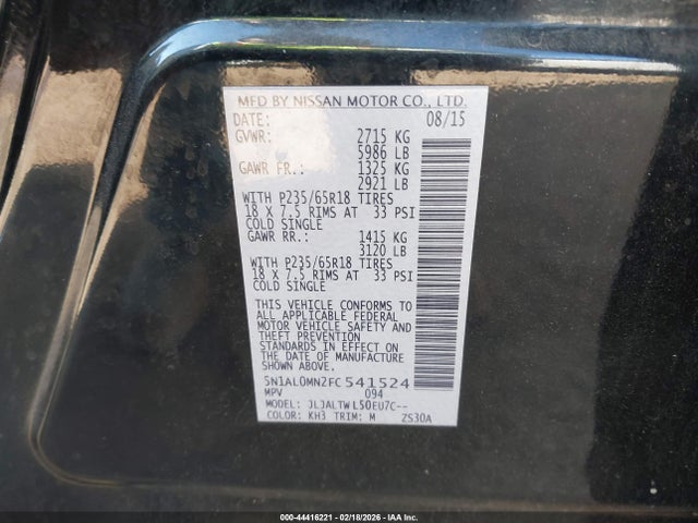 Aukcja sprzedaży 2015 Infiniti Qx60, vin: 5N1AL0MN2FC541524, numer aukcji: 44416221
