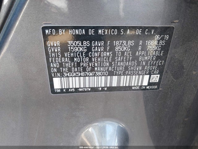 3HGGK5H87KM738010 Honda FIT EX