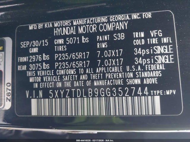 5XYZTDLB9GG352744 Hyundai Santa Fe Sport 2.4l