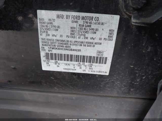 1FM5K8HC0NGB49225 Ford Explorer Platinum