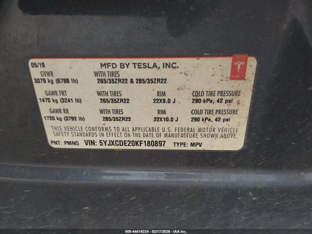 44416334 :رقم المزاد ، 5YJXCDE20KF180897 vin ، 2019 Tesla Model X 100d/75d/long Range/standard Range مزاد بيع