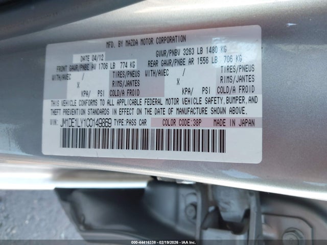 Aukcja sprzedaży 2012 Mazda Mazda2 Touring, vin: JM1DE1LY1C0149869, numer aukcji: 44416338