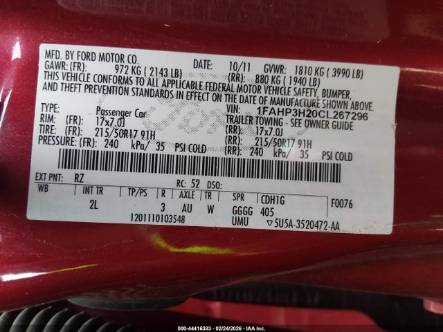 Aukcja sprzedaży 2012 Ford Focus Sel, vin: 1FAHP3H20CL267296, numer aukcji: 44416383