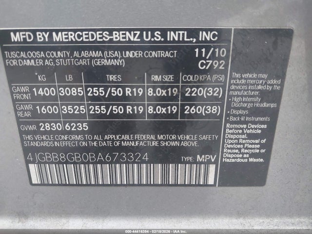 2011 Mercedes-benz Ml 350 4matic მანქანა იყიდება აუქციონზე, vin: 4JGBB8GB0BA673324, აუქციონის ნომერი: 44416394