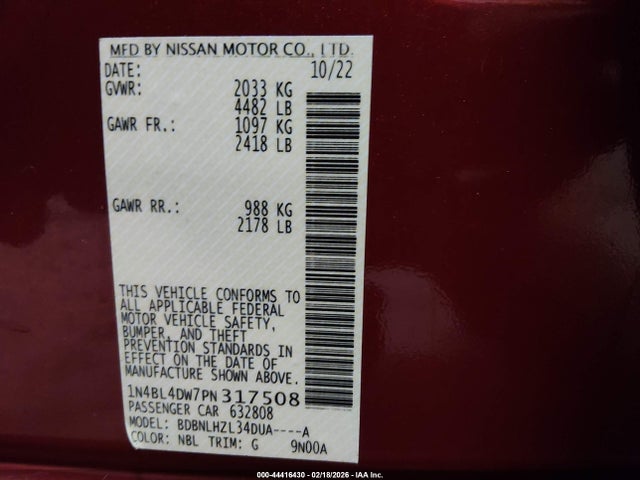 1N4BL4DW7PN317508 Nissan Altima Sv Intelligent Awd