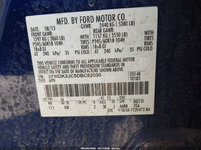 44416453 :رقم المزاد ، 2FMDK3JC5DBC82030 vin ، 2013 Ford Edge Sel مزاد بيع