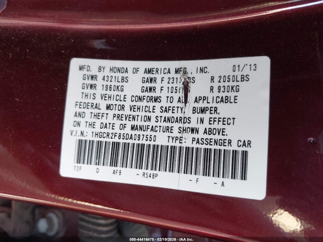Продажа на аукционе авто 2013 Honda Accord Ex-l, vin: 1HGCR2F85DA097550, номер лота: 44416475