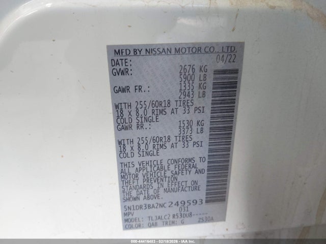 5N1DR3BA2NC249593 Nissan Pathfinder Sv 2wd