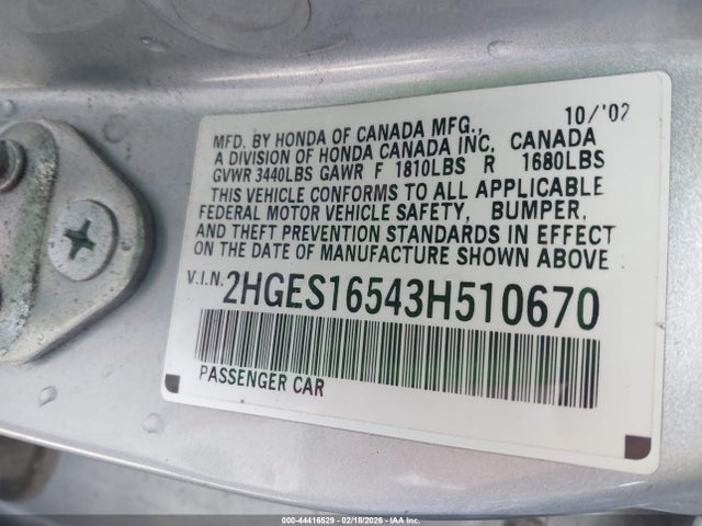 2003 HONDA CIVIC 2HGES16543H510670 Photo 8