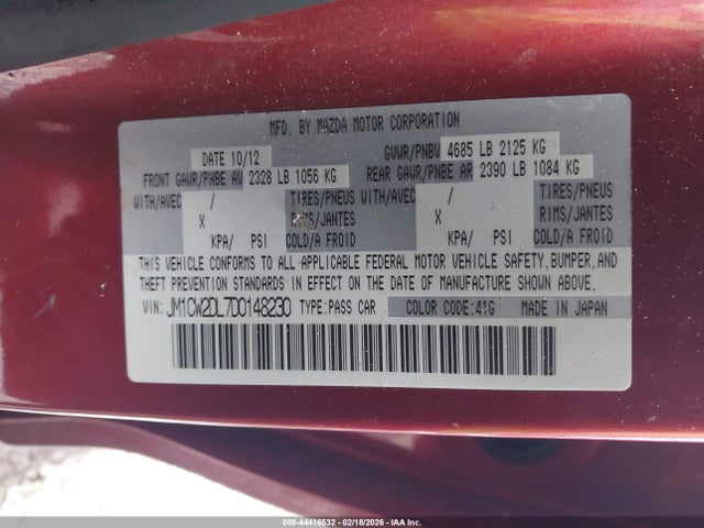 44416532 :رقم المزاد ، JM1CW2DL7D0148230 vin ، 2013 Mazda Mazda5 Grand Touring مزاد بيع