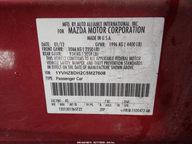 Aukcja sprzedaży 2012 Mazda Mazda6 I Touring, vin: 1YVHZ8DH2C5M27608, numer aukcji: 44416574