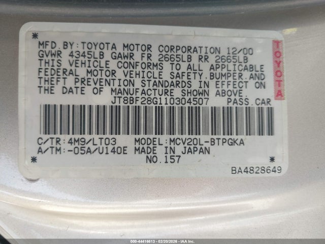 44416613 :رقم المزاد ، JT8BF28G110304507 vin ، 2001 Lexus Es 300 مزاد بيع