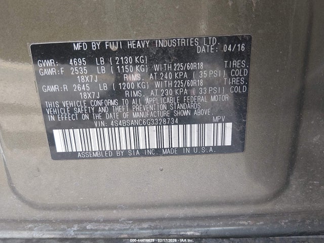 44416629 :رقم المزاد ، 4S4BSANC6G3328734 vin ، 2016 Subaru Outback 2.5i Limited مزاد بيع