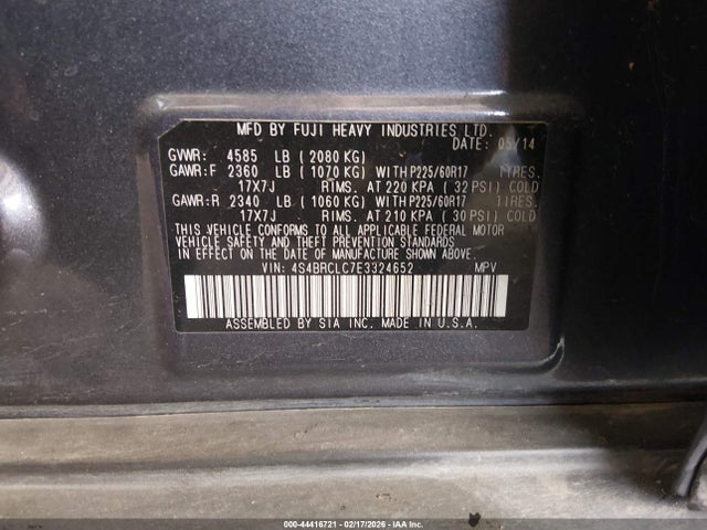 Aukcja sprzedaży 2014 Subaru Outback 2.5i Limited, vin: 4S4BRCLC7E3324652, numer aukcji: 44416721