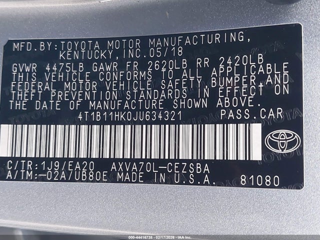 4T1B11HK0JU634321 Toyota CAMRY SE