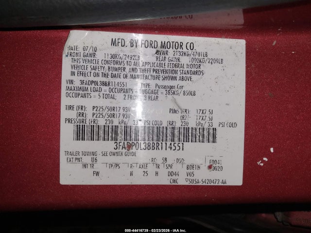 2011 Ford Fusion Hybrid მანქანა იყიდება აუქციონზე, vin: 3FADP0L38BR114551, აუქციონის ნომერი: 44416739