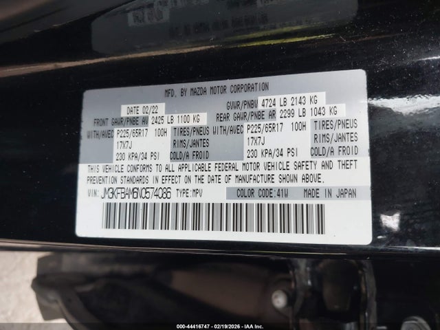 44416747 :رقم المزاد ، JM3KFBAM6N0574086 vin ، 2022 Mazda Cx-5 2.5 S مزاد بيع