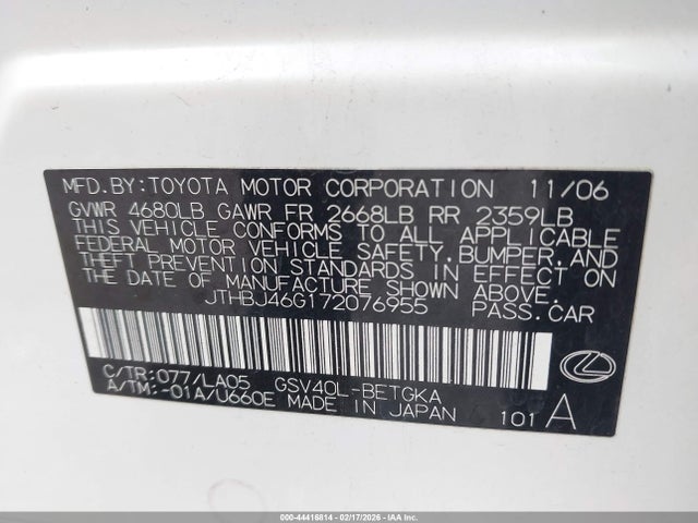 Aukcja sprzedaży 2007 Lexus Es 350, vin: JTHBJ46G172076955, numer aukcji: 44416814