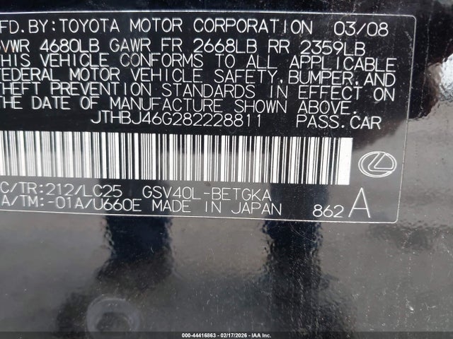 Aukcja sprzedaży 2008 Lexus Es 350, vin: JTHBJ46G282228811, numer aukcji: 44416863