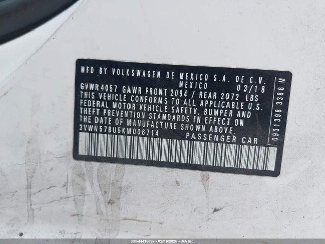 Продажа на аукционе авто 2019 Volkswagen Jetta 1.4t S, vin: 3VWN57BU5KM006714, номер лота: 44416897