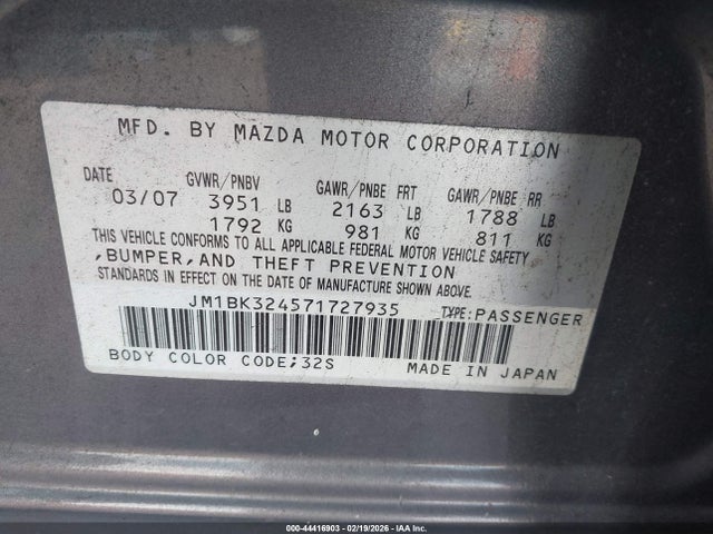 Aukcja sprzedaży 2007 Mazda Mazda3 S Sport, vin: JM1BK324571727935, numer aukcji: 44416903