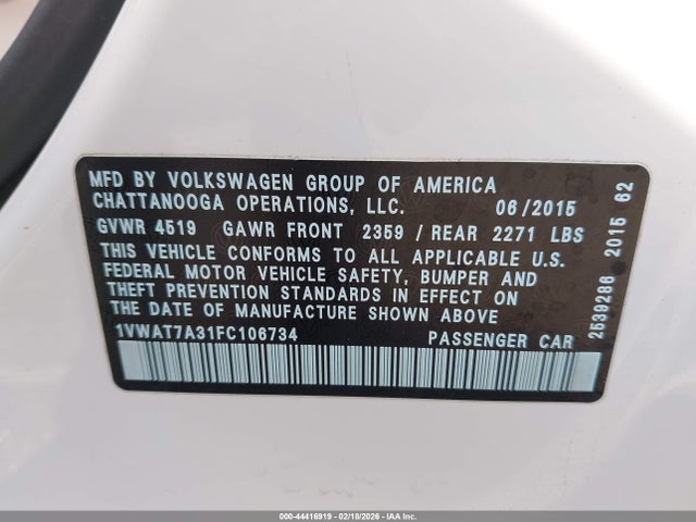 2015 Volkswagen Passat 1.8t Limited Edition მანქანა იყიდება აუქციონზე, vin: 1VWAT7A31FC106734, აუქციონის ნომერი: 44416919