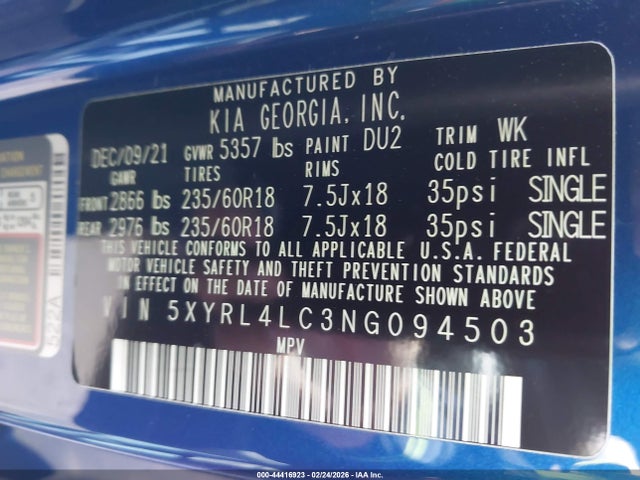 5XYRL4LC3NG094503 KIA SORENTO S
