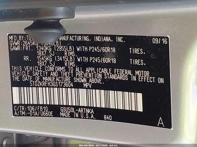 5TDZKRFH3GS173604 Toyota Highlander Le V6