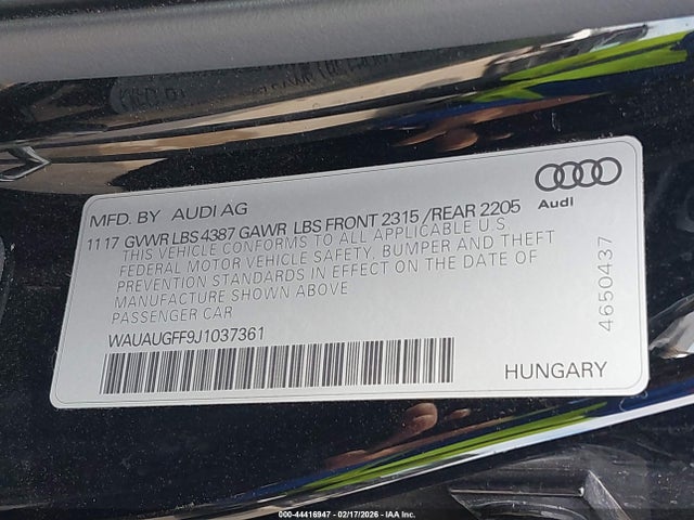 Aukcja sprzedaży 2018 Audi A3 2.0t Premium/2.0t Tech Premium, vin: WAUAUGFF9J1037361, numer aukcji: 44416947