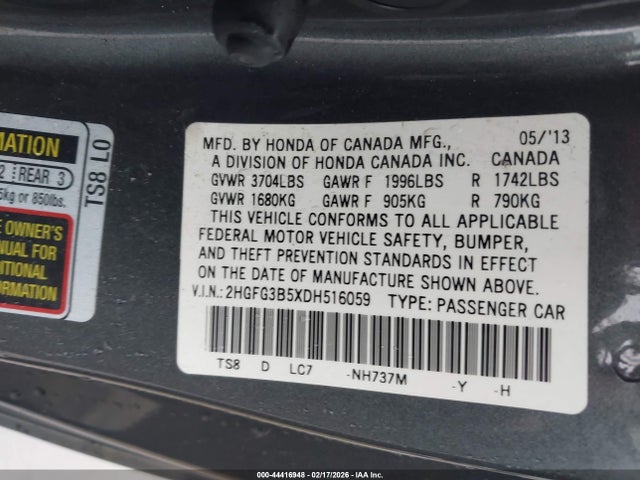 2013 Honda Civic Lx მანქანა იყიდება აუქციონზე, vin: 2HGFG3B5XDH516059, აუქციონის ნომერი: 44416948