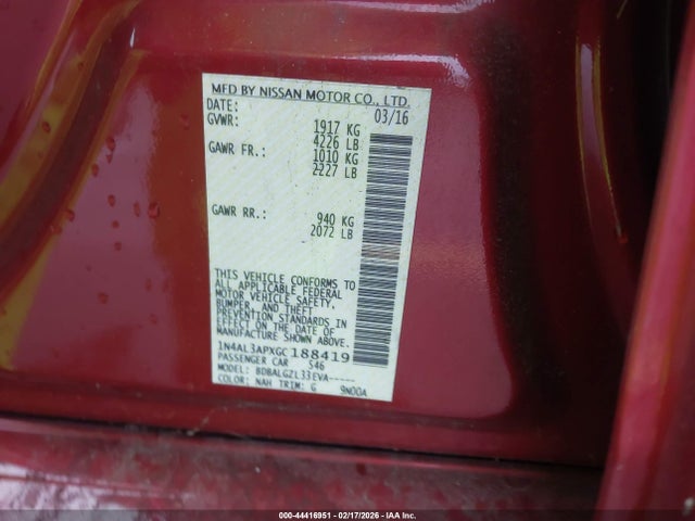 1N4AL3APXGC188419 Nissan Altima 2.5/2.5 S/2.5 Sl/2.5 Sr/2.5 Sv