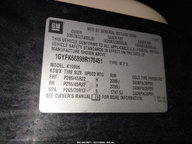 2008 CADILLAC ESCALADE ESV 1GYFK66898R175451 Photo 8